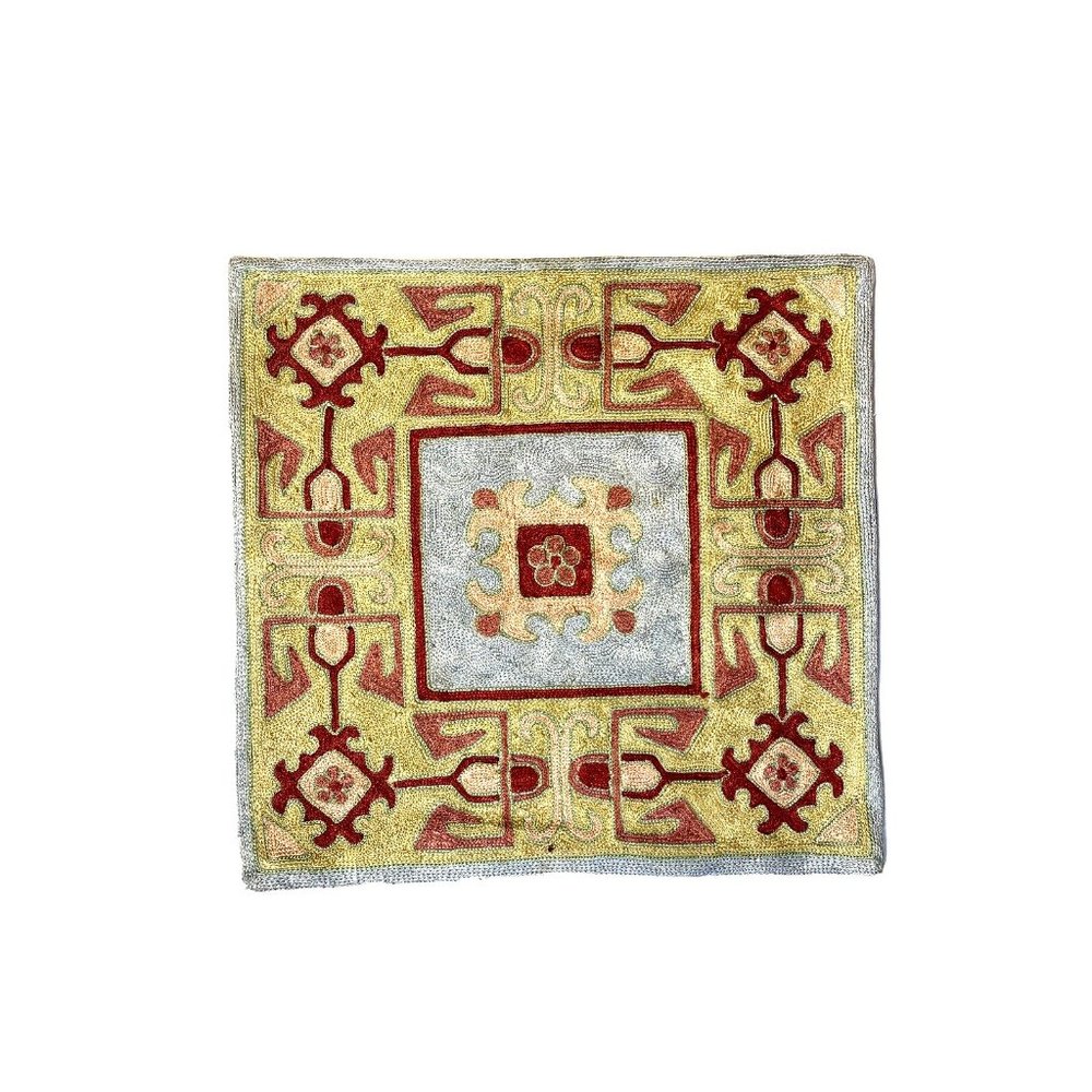 Vintage Raised Hand Embroidered Sham Pillow Cover Beautiful Red Gold Blue Luxury